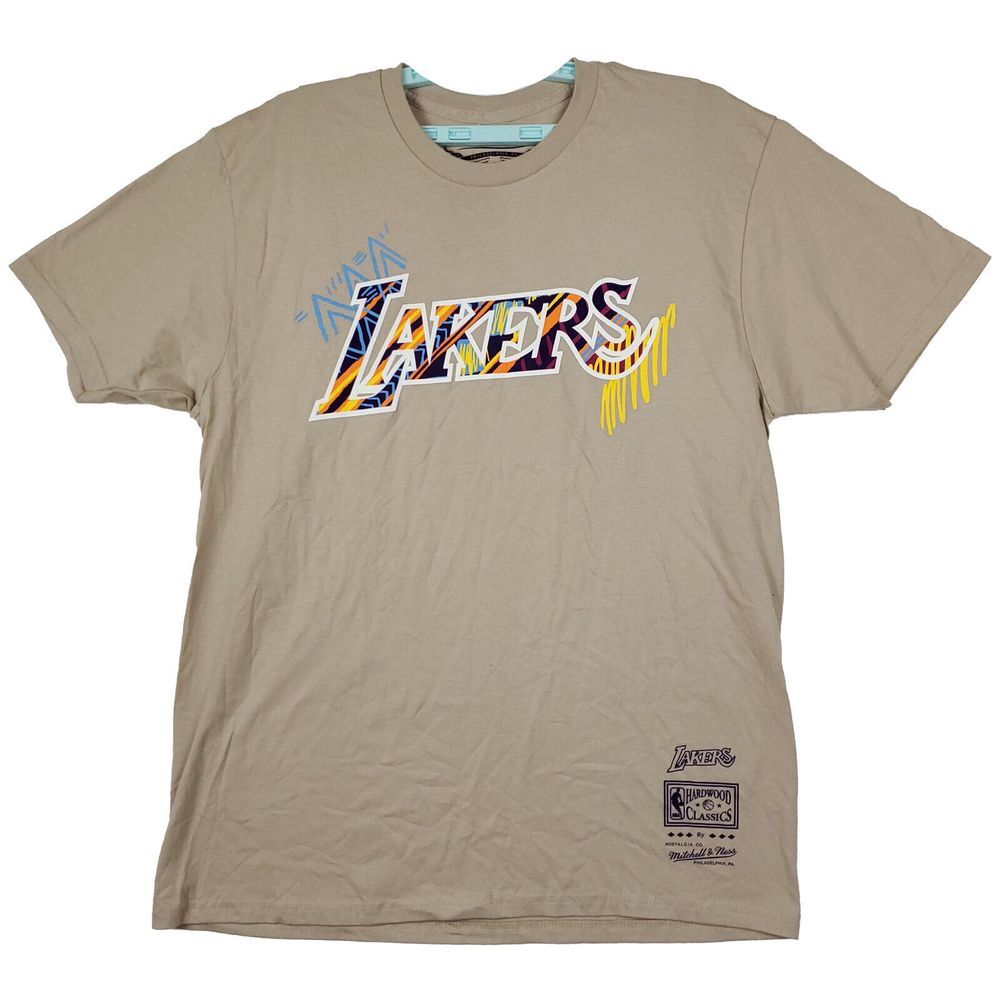 LA Lakers Mitchell & Ness NBA Large Shirt Game Day Print Art Khaki NWT